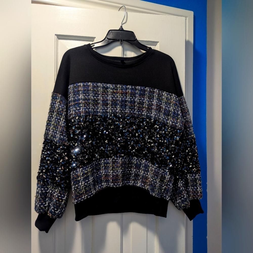 Beautiful "Skies Are Blue" Black Tweed Sequin Oversized Sweater Size XS